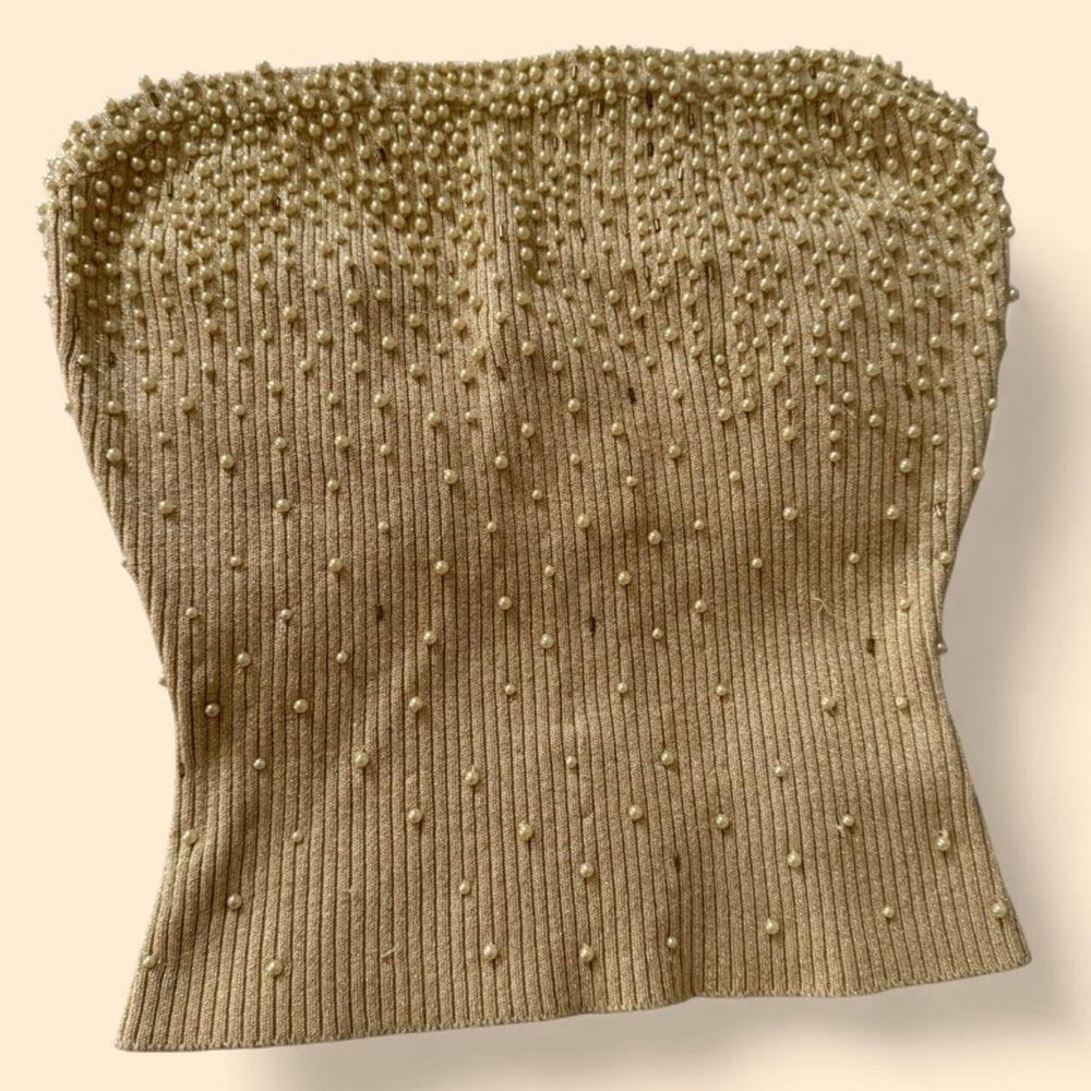 Vintage Cache Gold Pearl-Trimmed Strapless Top